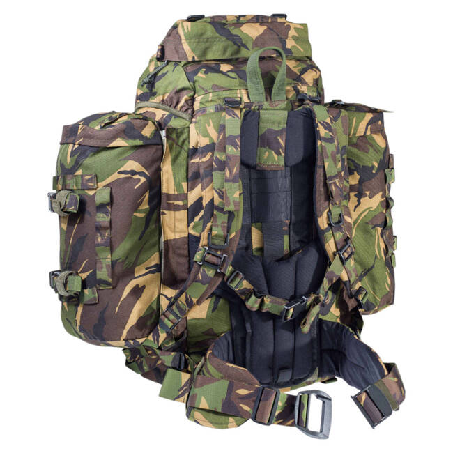 BACKPACK WITH SIDE POCKETS - 80 L - DUTCH ARMY MILITARY SURPLUS - WOODLAND CAMO - NEW MODEL - LIKE NEW