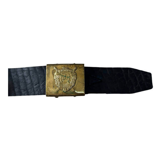 BLACK LEATHER BELT WITH GOLDEN BUCKLE - MILITARY SURPLUS ROMANIAN ARMY - IN GOOD CONDITION 