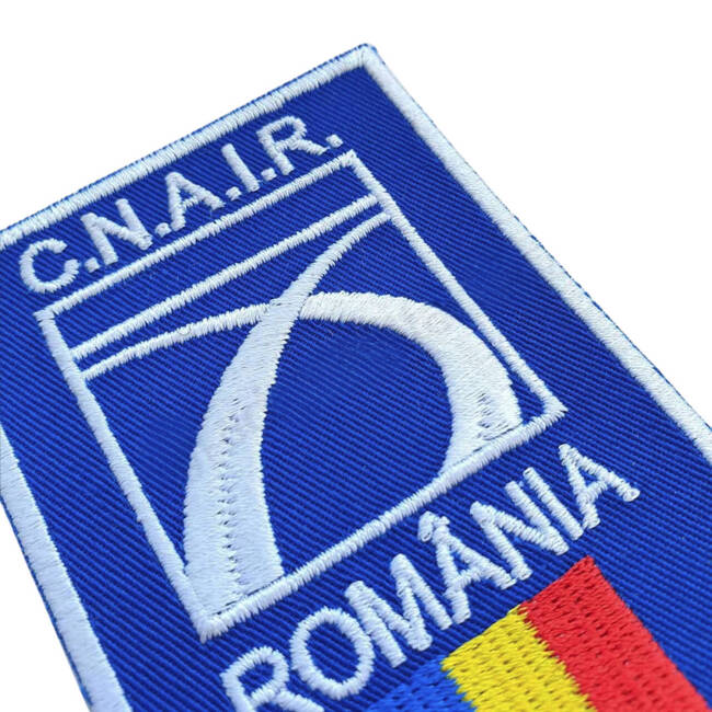 Emblema C.N.A.I.R. brodata pe suport albastru royal, cu aplicare termica - 4x3 cm