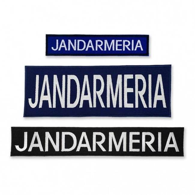 Emblemă "JANDARMERIA" spate, pe suport albastru royal și aplicare termică - 20x5 cm