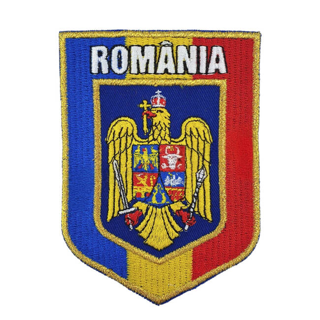 Emblema Stema Romaniei incadrata in drapel