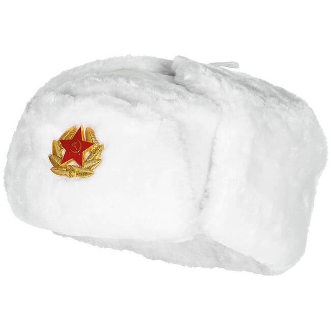 Russian Fur Winter Hat, white, with badge
