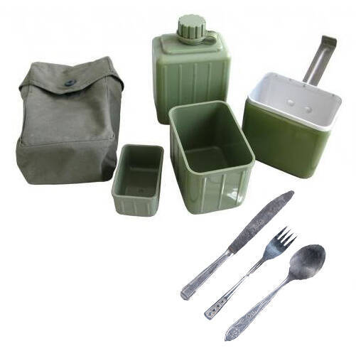 SERBIAN ARMY MESS KIT, BOTTLE AND 3-PCS ROMANIAN CHOW SET USED