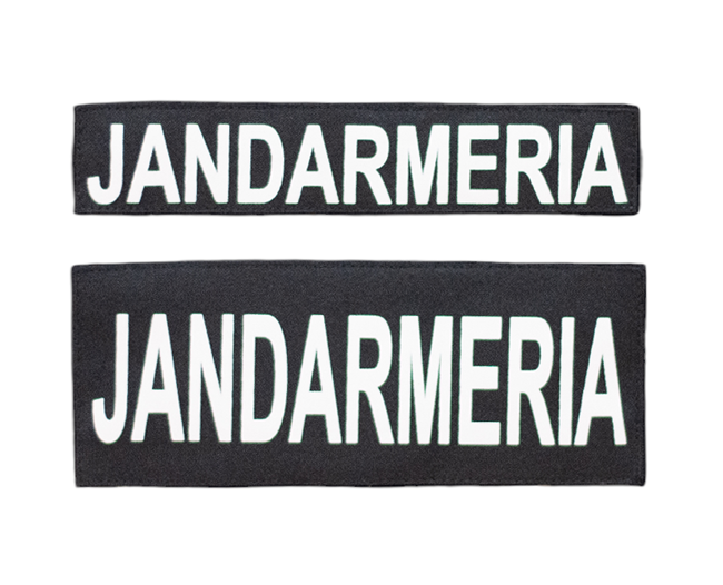 Set inscriptii fata-spate"JANDARMERIA" pe suport negru, cu aplicare tip Velcro (cu scai) - 25.5x5 cm si 26x10.5 cm