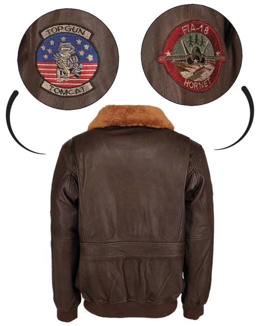 TOP GUN LEATHER FLIGHT JACKET - WITH FUR COLLAR - BROWN - MIL-TEC 