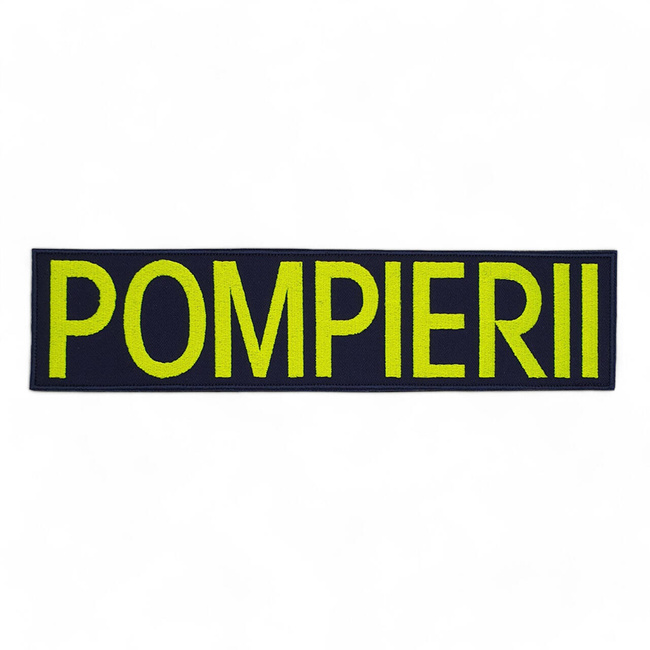 Emblema spate - POMPIERII - brodata pe suport negru cu contur bleumarin si text vernil fluorescent - aplicare prin coasere - 24x7 cm