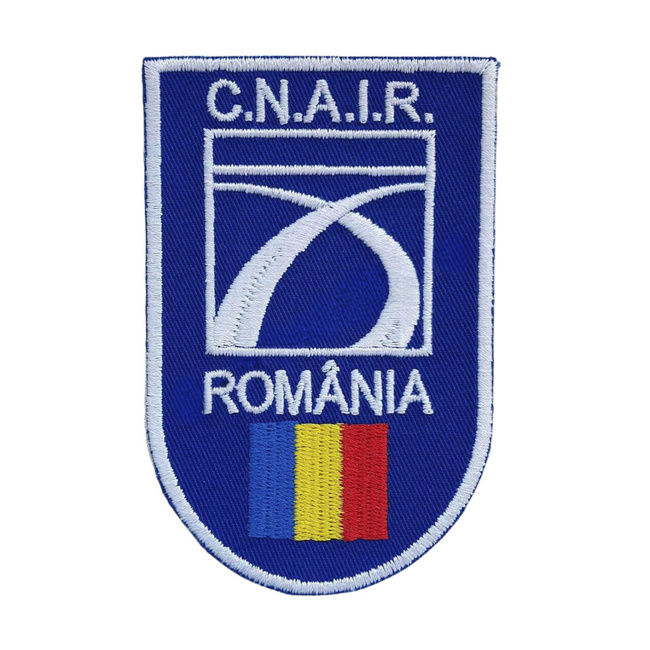 Emblema C.N.A.I.R. brodata pe suport albastru royal, cu aplicare termica - 4x3 cm