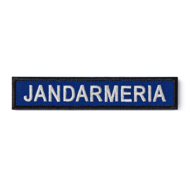 Ecuson "JANDARMERIA" piept, pe suport albastru royal și aplicare prin coasere - 11,5x2,5 cm