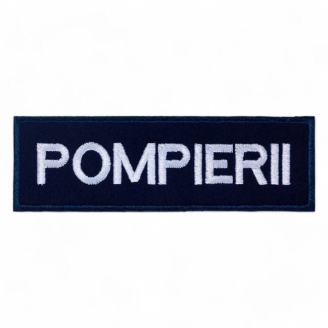 Ecuson POMPIERII piept cu contur bleumarin - aplicare termica - 10x2,5 cm