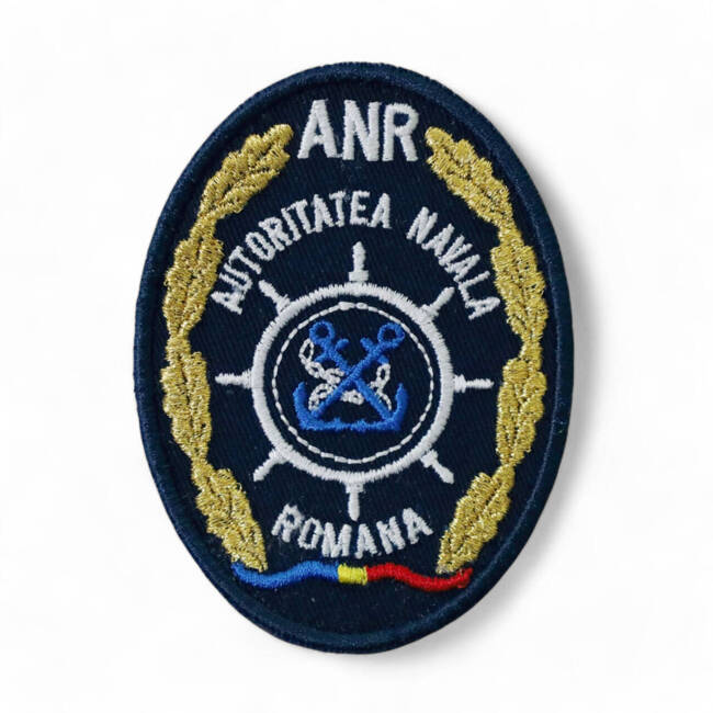 Emblema ANR - Autoritatea Navala Romana brodata pe suport bleumarin, cu aplicare Velcro - cu scai