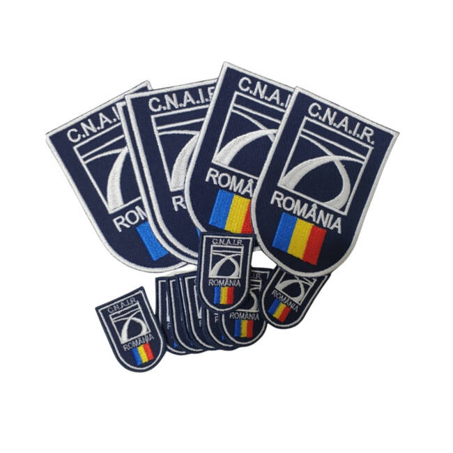 Emblema C.N.A.I.R. brodata pe suport albastru royal, cu aplicare Velcro (cu scai)- 10x6,5 cm