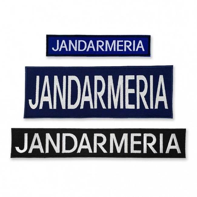 Emblemă "JANDARMERIA" spate, pe suport albastru royal și aplicare tip Velcro (cu scai) - 20x5 cm