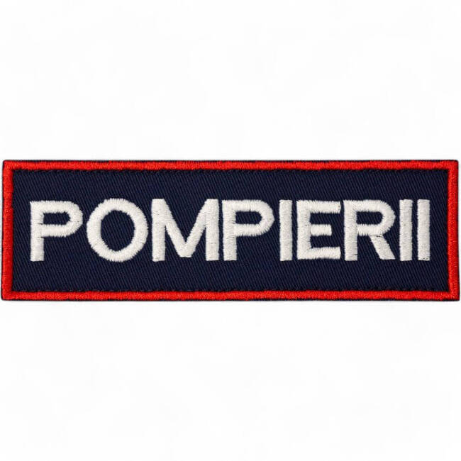 Emblema spate - POMPIERII - brodata pe suport albastru inchis (navy) cu contur rosu si text alb - aplicare termica - 28x10 cm