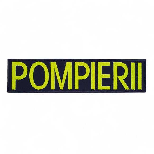 Emblema spate - POMPIERII - brodata pe suport albastru inchis (navy) cu contur rosu si text vernil fluorescent - aplicare Velcro (cu scai) - 20x5 cm