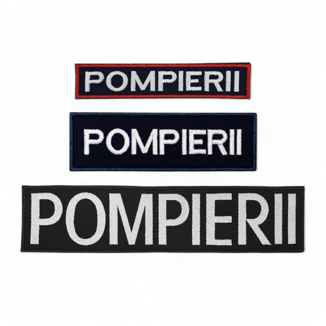 Emblema spate - POMPIERII - brodata pe suport albastru inchis (navy) cu contur rosu si text vernil fluorescent - aplicare Velcro (cu scai) - 20x5 cm