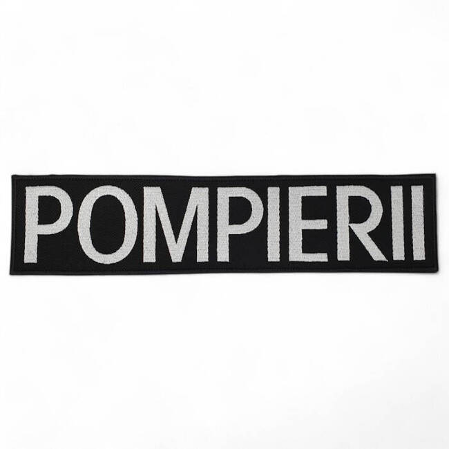 Emblema spate - POMPIERII - brodata pe suport albastru inchis (navy) cu contur rosu si text vernil fluorescent - aplicare prin coasere - 20x5 cm