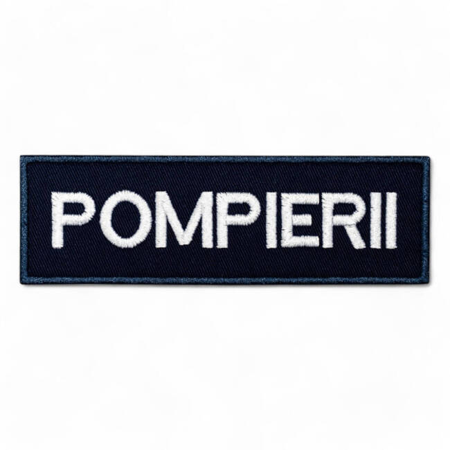 Emblema spate - POMPIERII - brodata pe suport negru cu contur bleumarin si text alb - aplicare termica - 20x5 cm