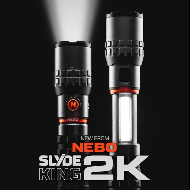 Lanterna / lampa de lucru LED Nebo Slyde King 2k, acumulator, 2000lm, 2 trepte de luminozitate, lumina alba / rosie, aluminiu, IP67, gri