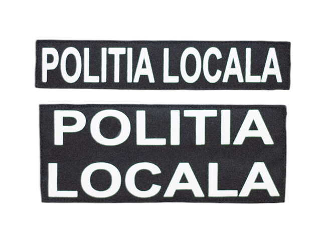 Set inscriptii fata-spate "POLITIA LOCALA" pe suport negru, cu aplicare tip Velcro (cu scai) - 25.5x5 cm si 26x10.5 cm